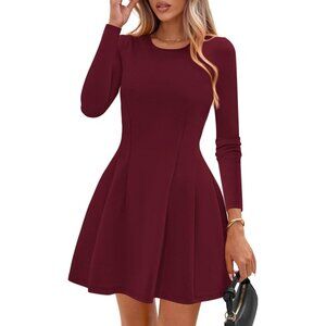 Long Sleeve Wine Red Mini Dress Women Fall 2025 Crewneck Line Babydoll Casual